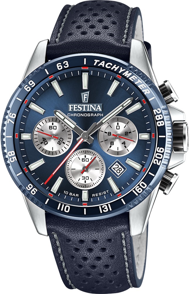 FESTINA Timeless Chronograph Blue Silver Dial 45mm Silver Stainless Steel Blue Leather Strap F20561/2 - 