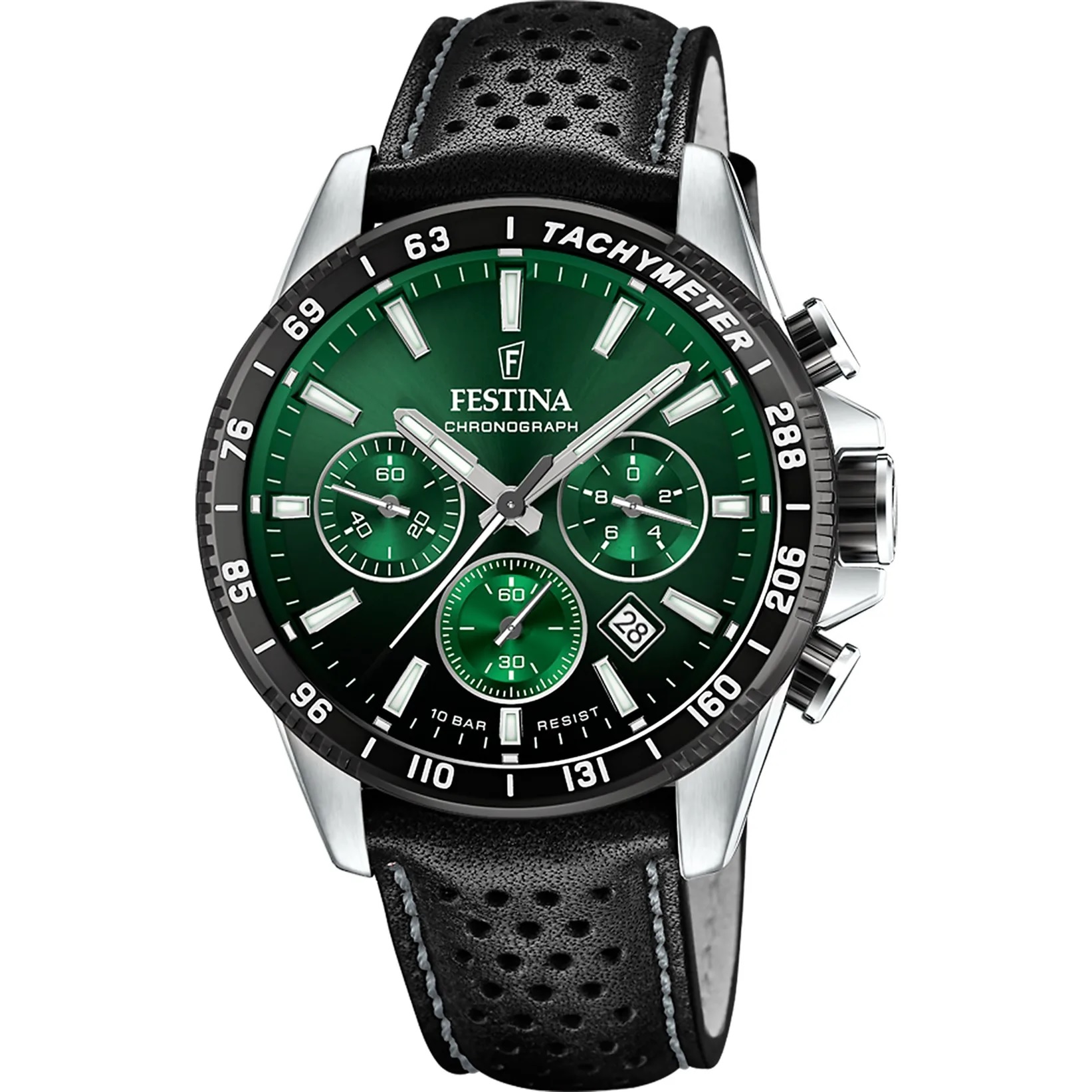 FESTINA Timeless Chronograph Green Dial 45mm Silver Stainless Steel Black Leather Strap F20561/5 - 