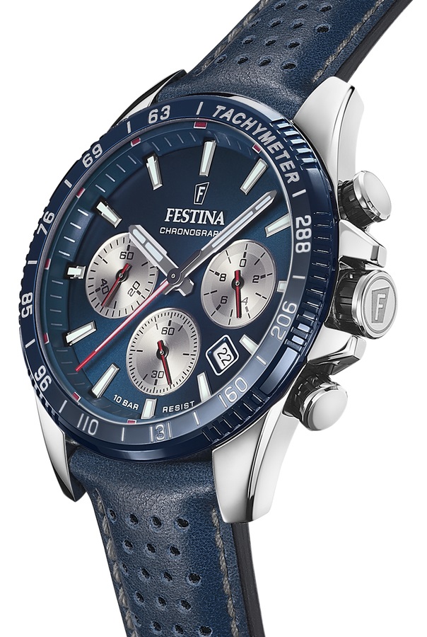 FESTINA Timeless Chronograph Blue Silver Dial 45mm Silver Stainless Steel Blue Leather Strap F20561/2 - 