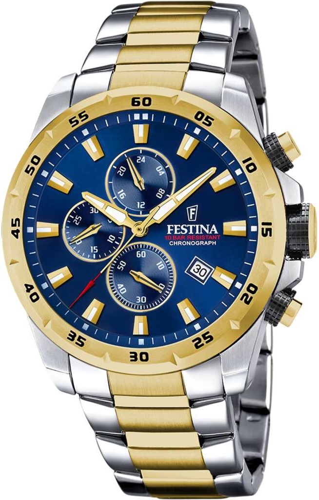 FESTINA Timeless Chronograph Blue Dial 45mm Two Tone Gold Stainless Steel Bracelet F20562/2 - 