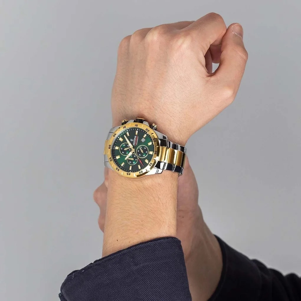 FESTINA Timeless Chronograph Green Dial 45mm Two Tone Gold Stainless Steel Bracelet F20562/3 - 4