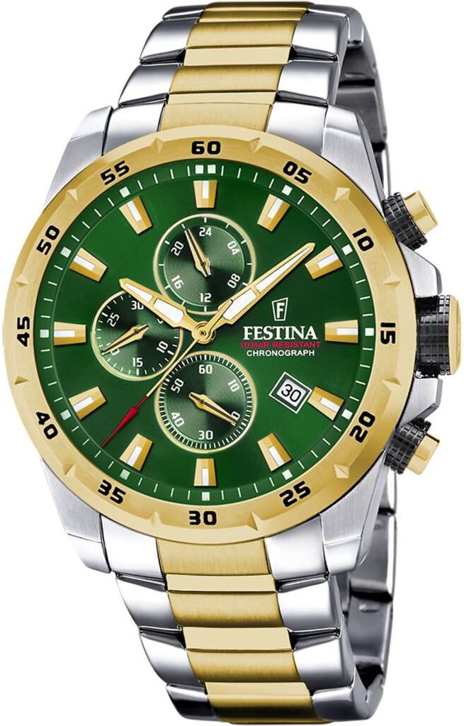 FESTINA Timeless Chronograph Green Dial 45mm Two Tone Gold Stainless Steel Bracelet F20562/3 - 