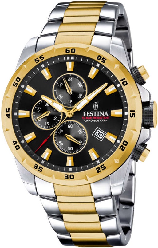 FESTINA Timeless Chronograph Black Dial 45mm Two Tone Gold Stainless Steel Bracelet F20562/4 - 