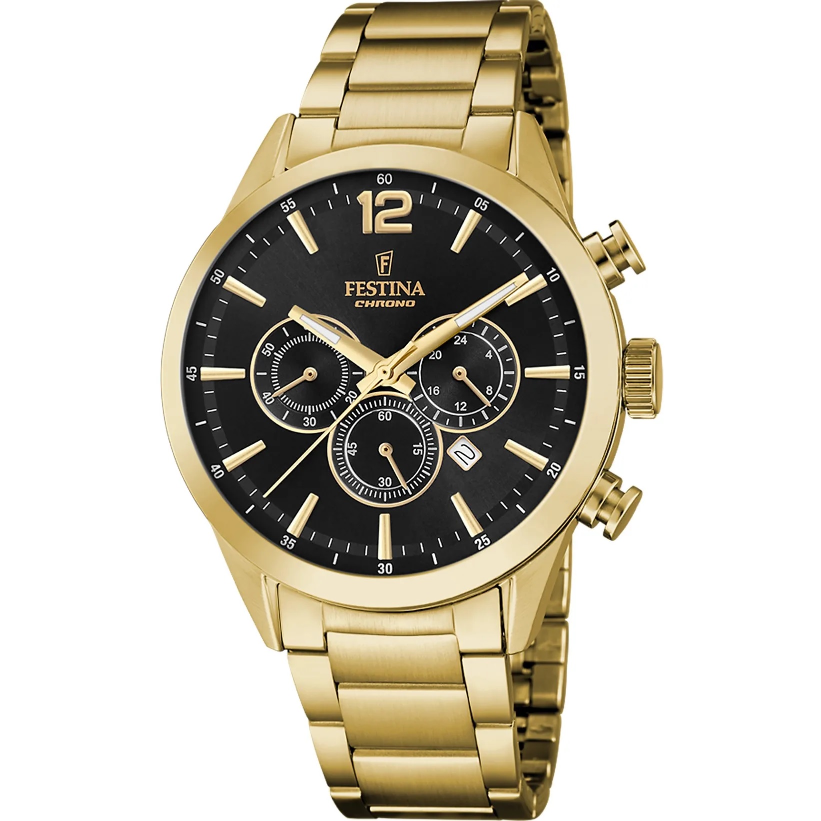 FESTINA Timeless Chronograph Black Dial 43.5mm Gold Stainless Steel Bracelet F20633/3 - 