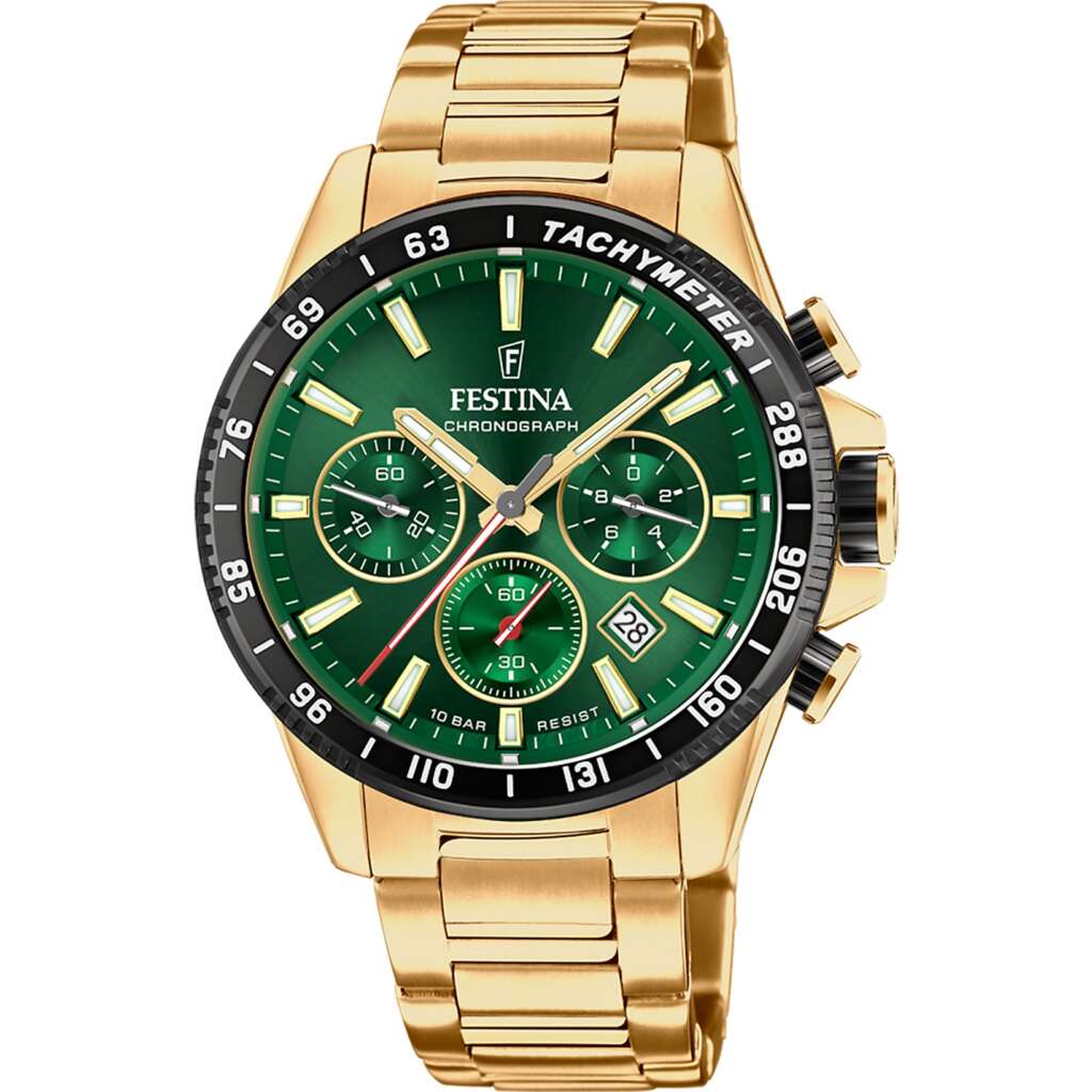 FESTINA Timeless Chronograph Green Dial 45mm Gold Stainless Steel Bracelet F20634/4 - 