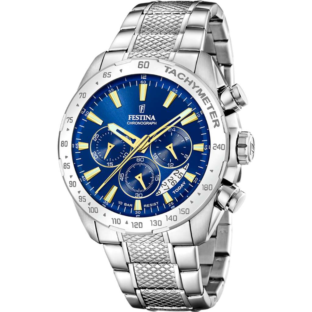 FESTINA Timeless Chronograph Blue Gold Dial 44.5mm Silver Stainless Steel Bracelet F20668/2 - 1