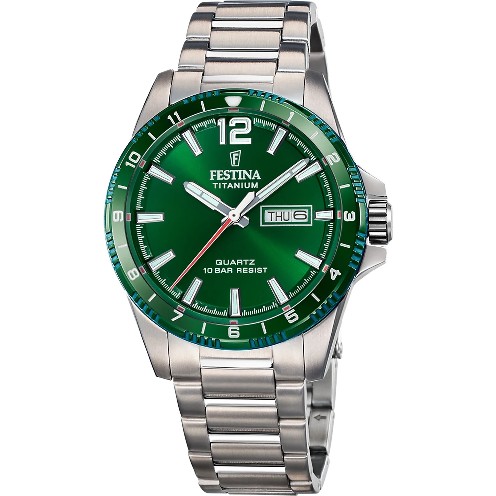 FESTINA Timeless Titanium Green Dial 43mm Silver Titanium Bracelet F20698/3 - 