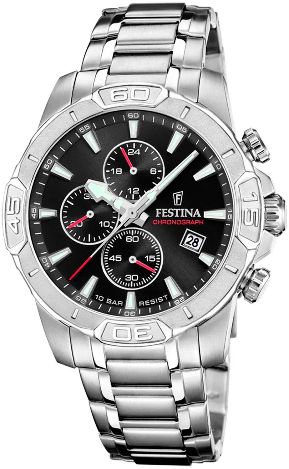 FESTINA Timeless Chronograph Black Dial 45mm Silver Stainless Steel Bracelet F20704/3 - 