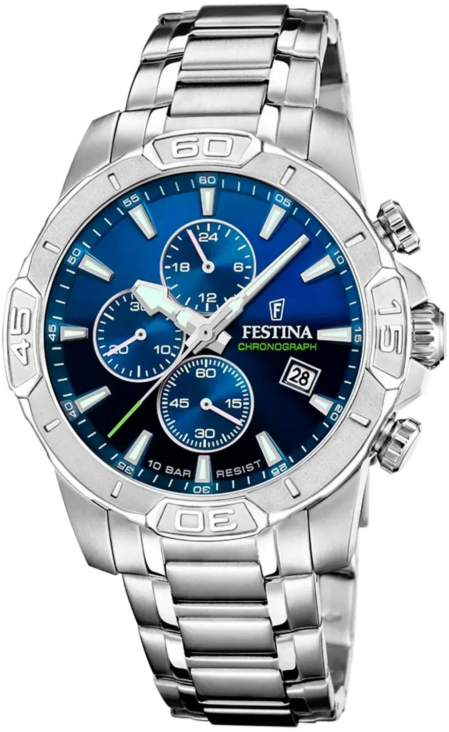 FESTINA Timeless Chronograph Blue Dial 45mm Silver Stainless Steel Bracelet F20704/4 - 
