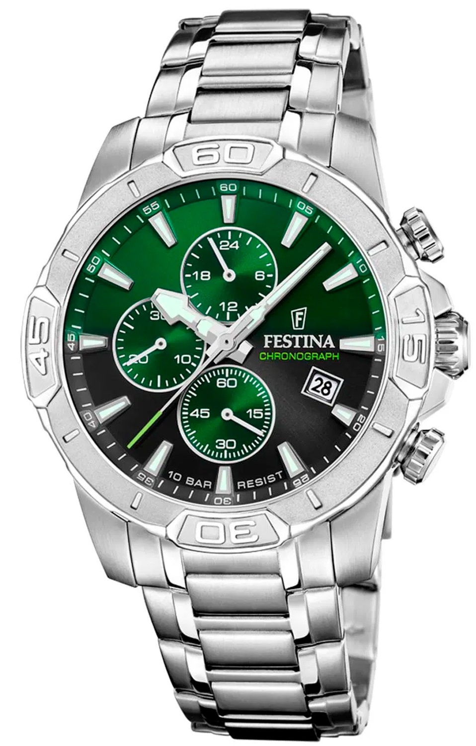 FESTINA Timeless Chronograph Green Dial 45mm Silver Stainless Steel Bracelet F20704/5 - 