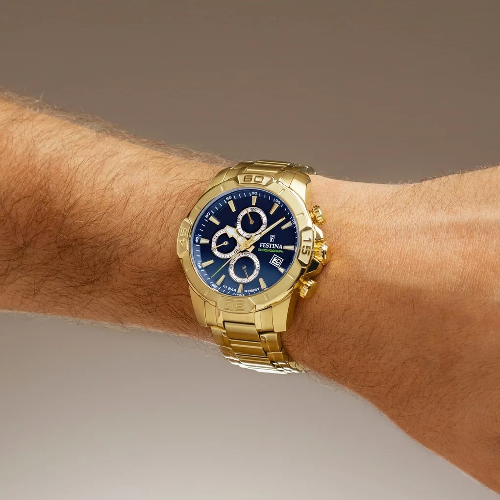 FESTINA Timeless Chronograph Blue Dial 45mm Gold Stainless Steel Bracelet F20705/5 - 3