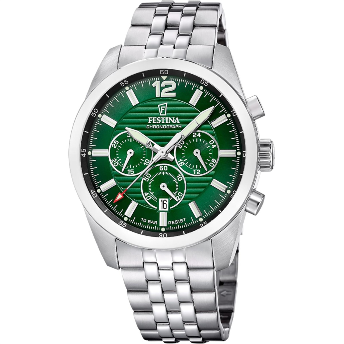 FESTINA Timeless Chronograph Green Dial 44mm Silver Stainless Steel Bracelet F20742/5 - 