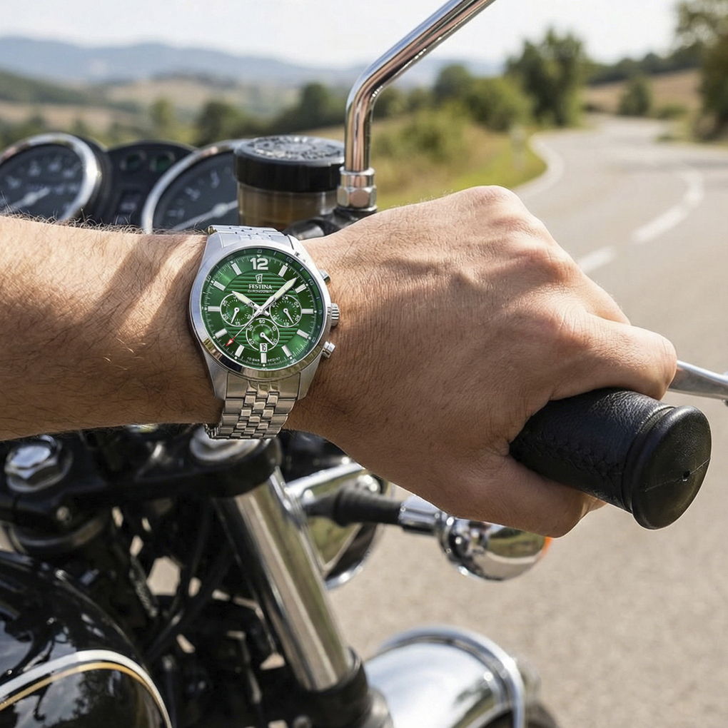 FESTINA Timeless Chronograph Green Dial 44mm Silver Stainless Steel Bracelet F20742/2 - 