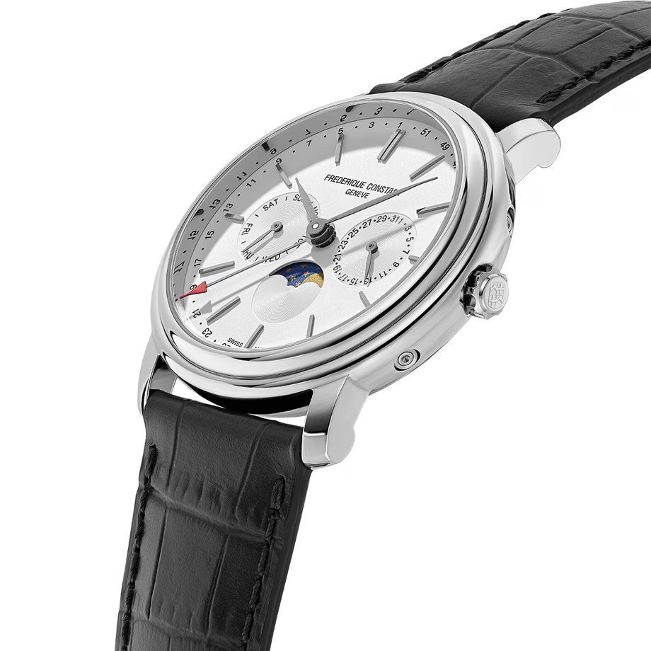 FREDERIQUE CONSTANT Business Timer Moonphase White Dial 40mm Silver Stainless Steel Black Leather Strap FC-270SW4P26 - 