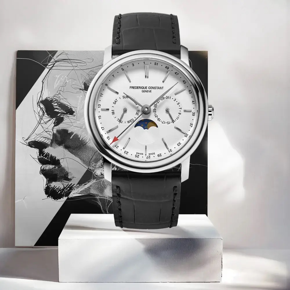 FREDERIQUE CONSTANT Business Timer Moonphase White Dial 40mm Silver Stainless Steel Black Leather Strap FC-270SW4P26 - 6