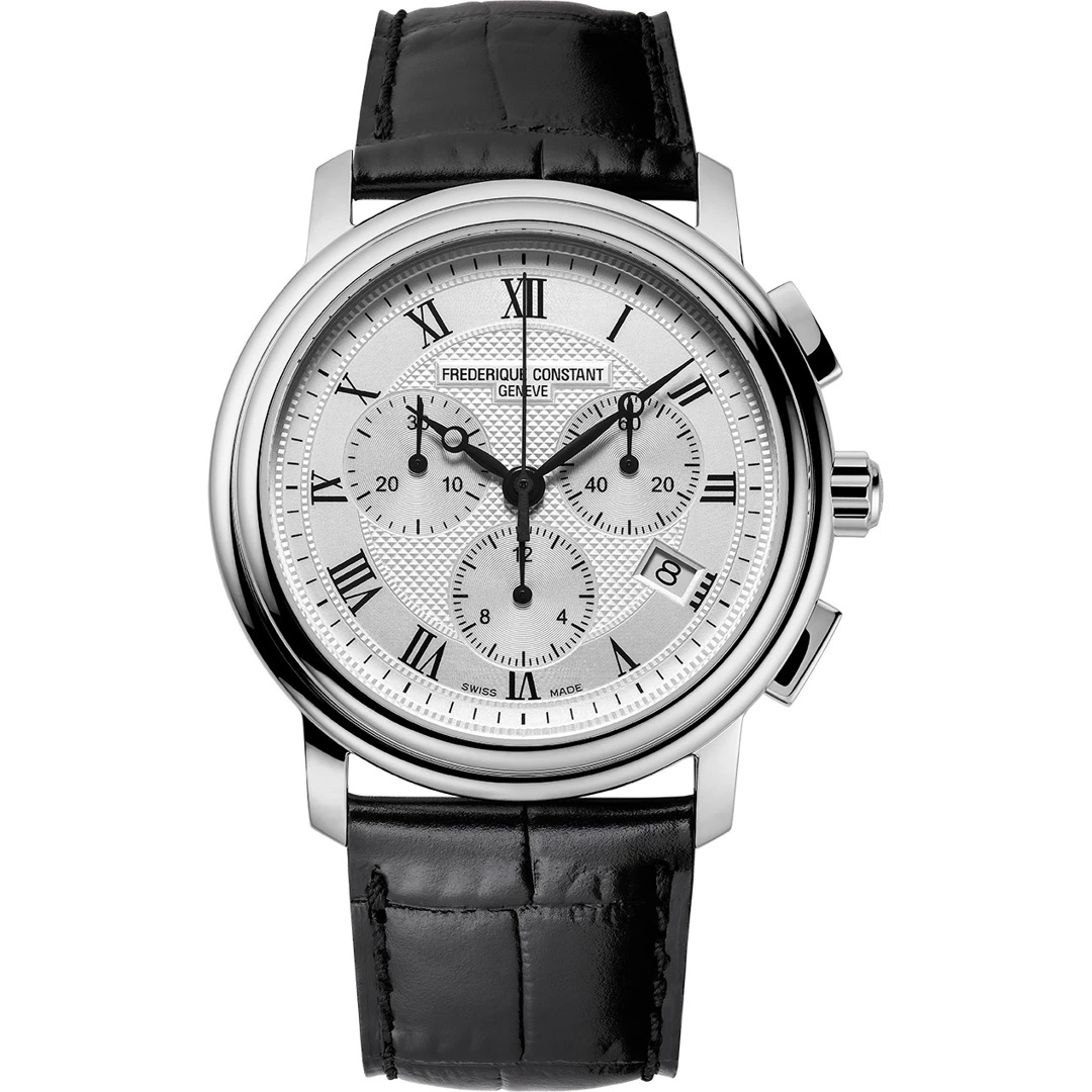 FREDERIQUE CONSTANT Classics Chronograph Quartz White Dial 40mm Silver Stainless Steel Black Leather Strap FC-292MC4P6 - 