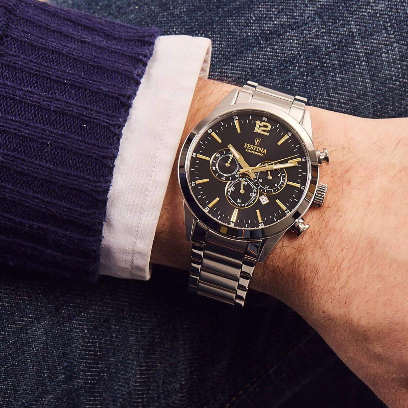 FESTINA Timeless Chronograph Black Dial 43.5mm Silver Stainless Steel Bracelet F20343/4 - 