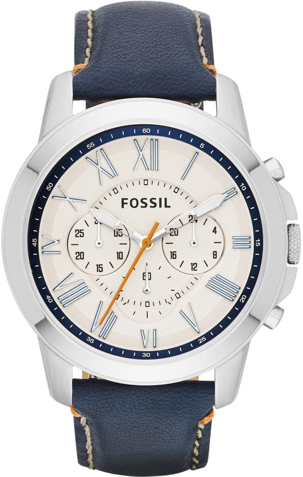 FOSSIL Grant Chronograph 44mm Silver Stainless Steel Blue Leather Strap FS4925 - 