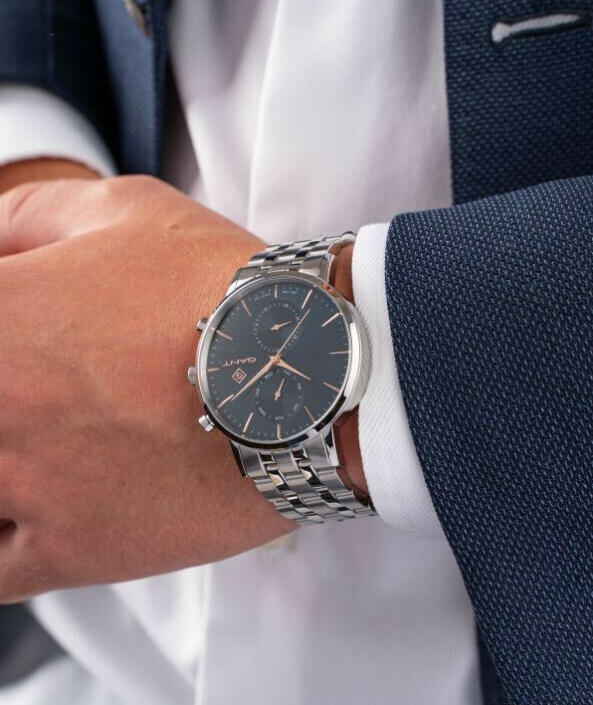 GANT Park Hill Day-Date II Blue Rose Gold Dial 43.5mm Silver Stainless Steel Bracelet G121010 - 