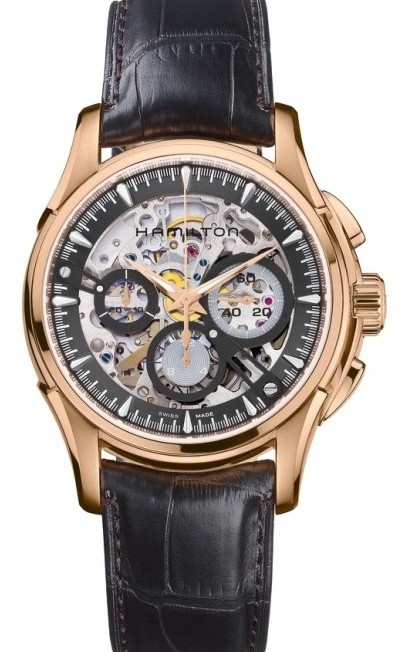 HAMILTON Jazzmaster Skeleton Chronograph 42mm Rose Gold Stainless Steel Brown Leather Strap H32686791 - 