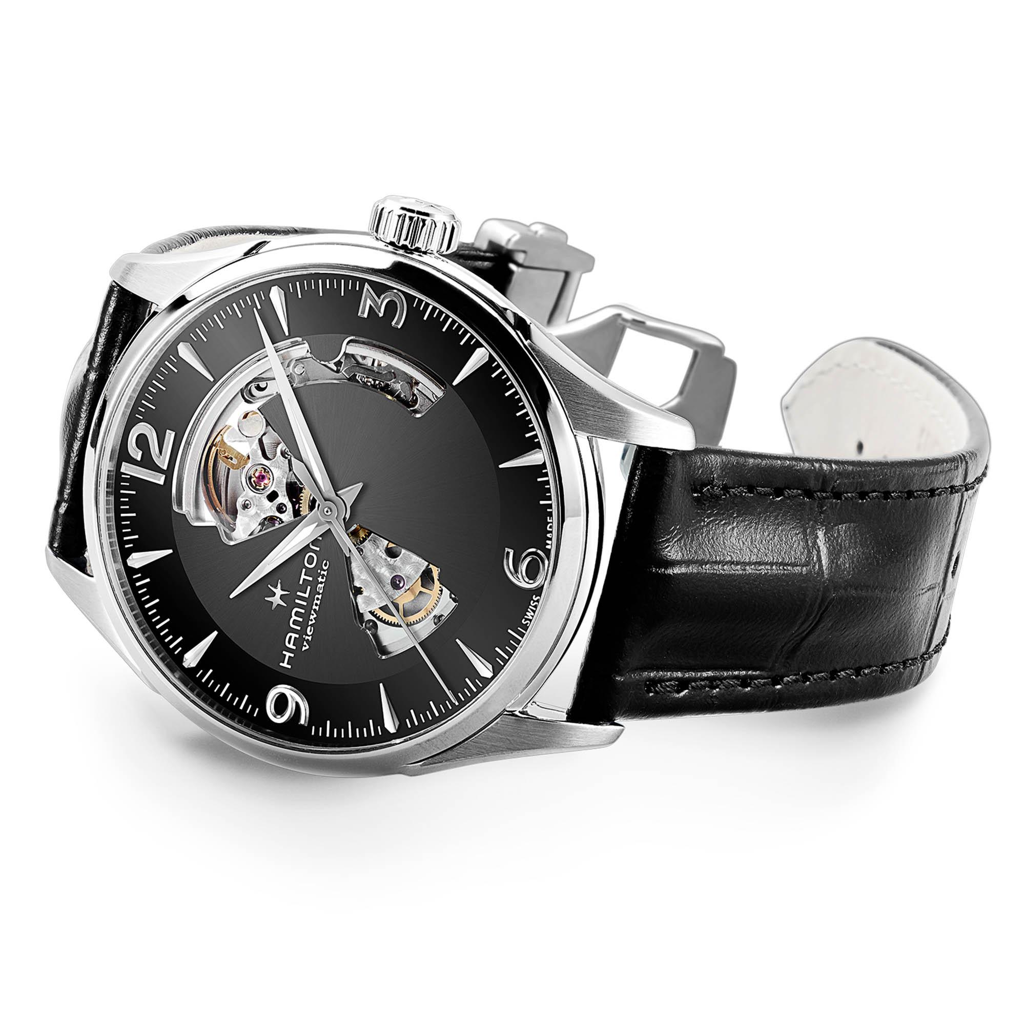 HAMILTON Jazzmaster Open Heart Auto Black Dial 42mm Silver Stainless Steel Black Leather Strap H32705731 - 