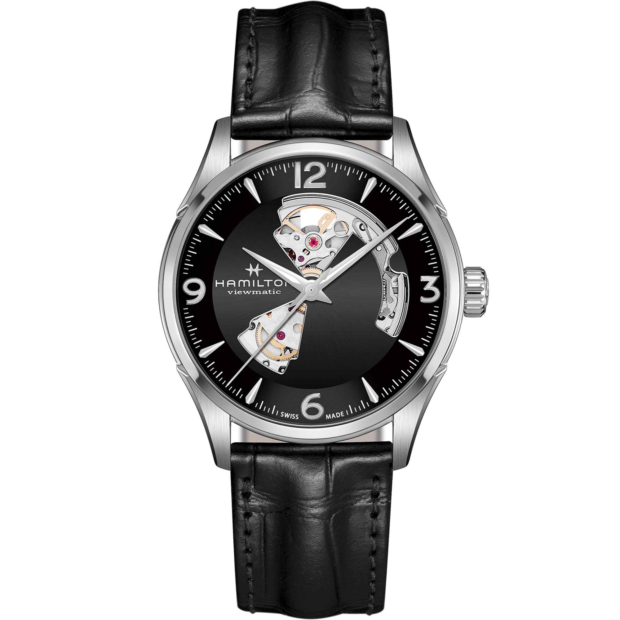 HAMILTON Jazzmaster Open Heart Auto Black Dial 42mm Silver Stainless Steel Black Leather Strap H32705731 - 