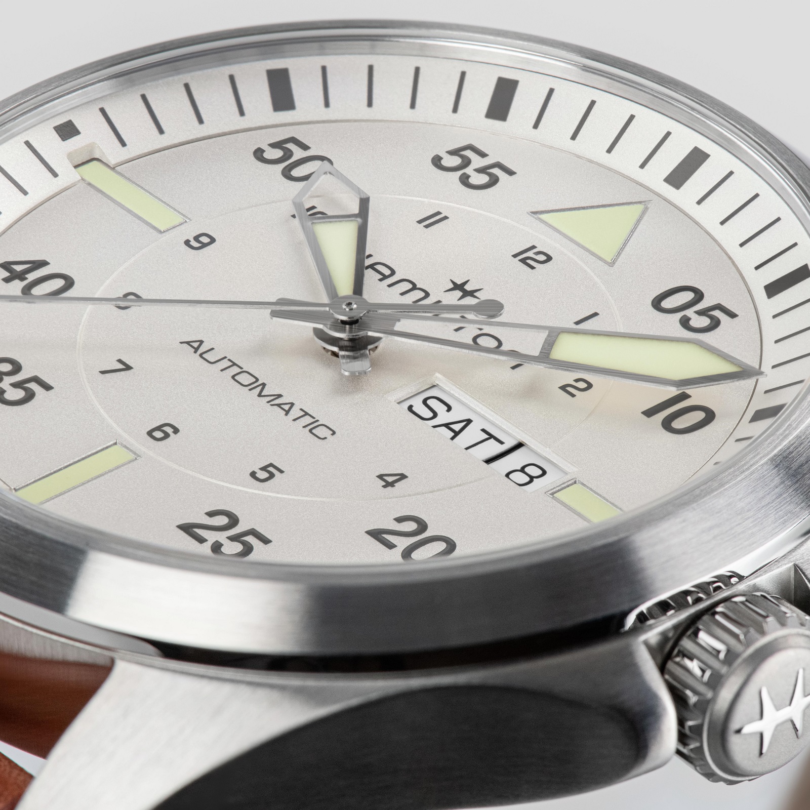 HAMILTON Khaki Aviation Pilot Day Date Auto Silver Dial 42mm Silver Stainless Steel Brown Leather Strap H64635550 - 4