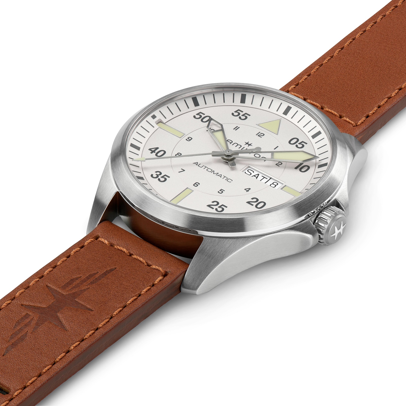 HAMILTON Khaki Aviation Pilot Day Date Auto Silver Dial 42mm Silver Stainless Steel Brown Leather Strap H64635550 - 2