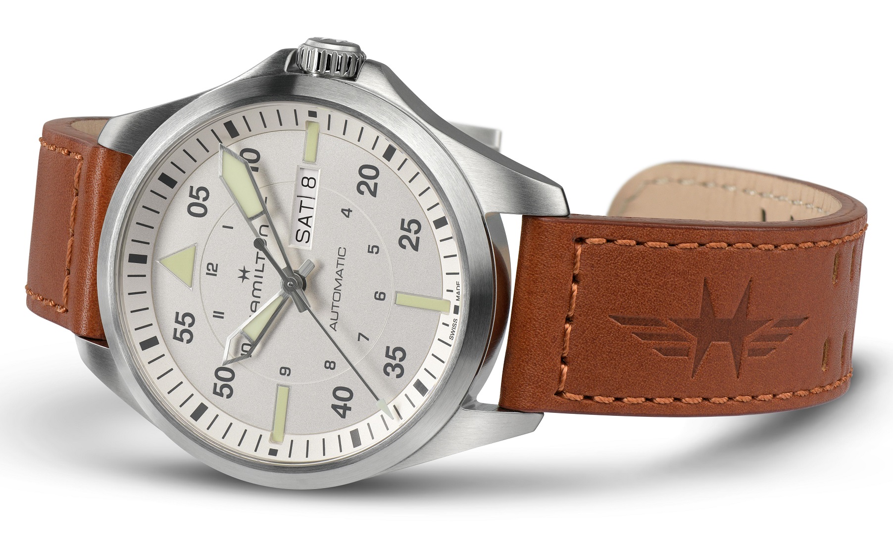 HAMILTON Khaki Aviation Pilot Day Date Auto Silver Dial 42mm Silver Stainless Steel Brown Leather Strap H64635550 - 3