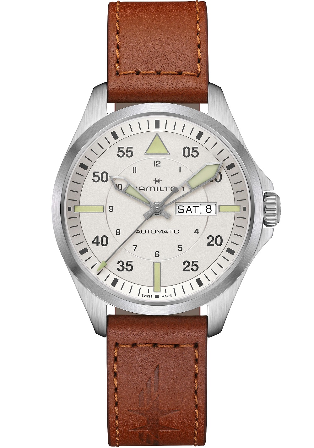 HAMILTON Khaki Aviation Pilot Day Date Auto Silver Dial 42mm Silver Stainless Steel Brown Leather Strap H64635550 - 1