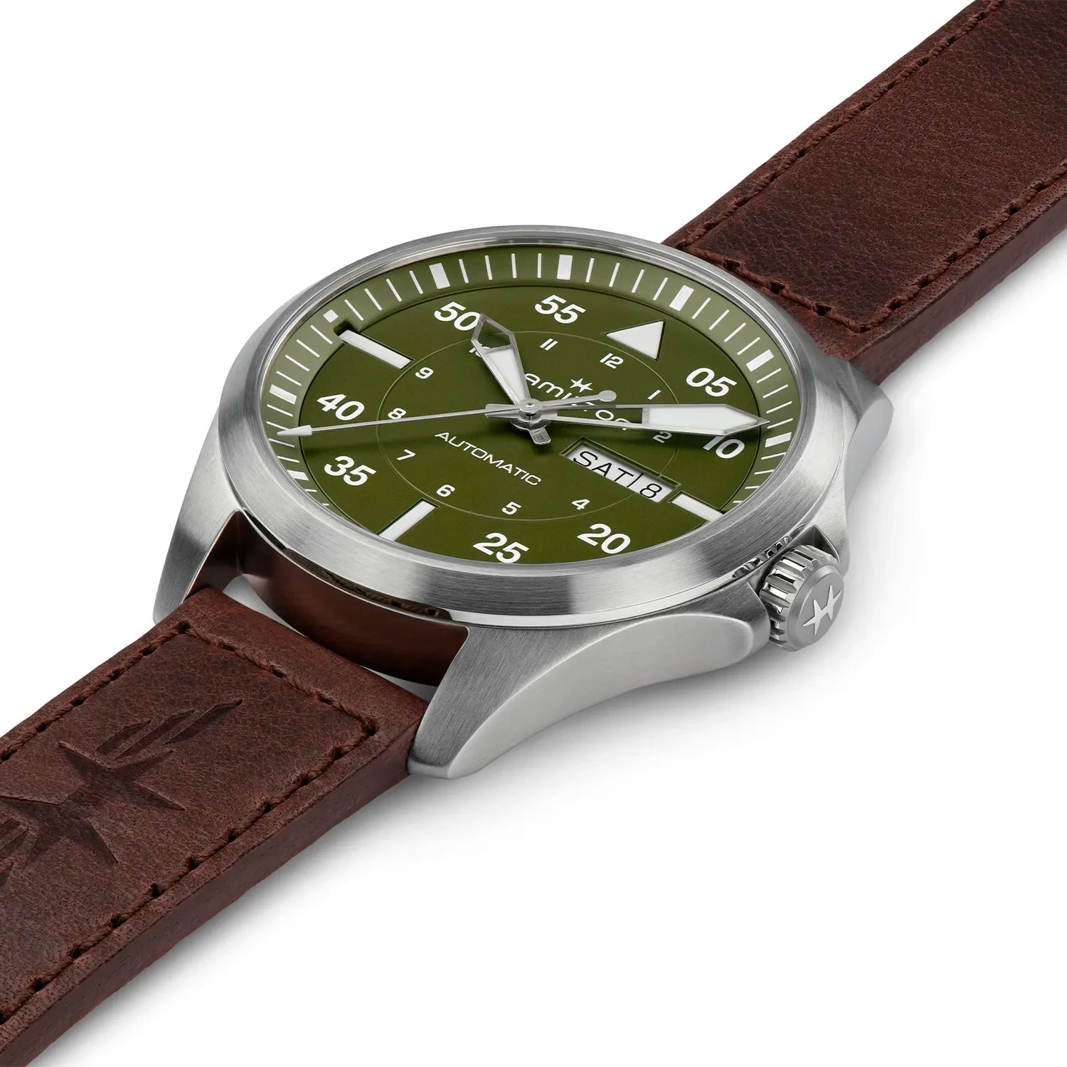 HAMILTON Khaki Aviation Pilot Day Date Auto Green Dial 42mm Silver Stainless Steel Brown Leather Strap H64635560 - 