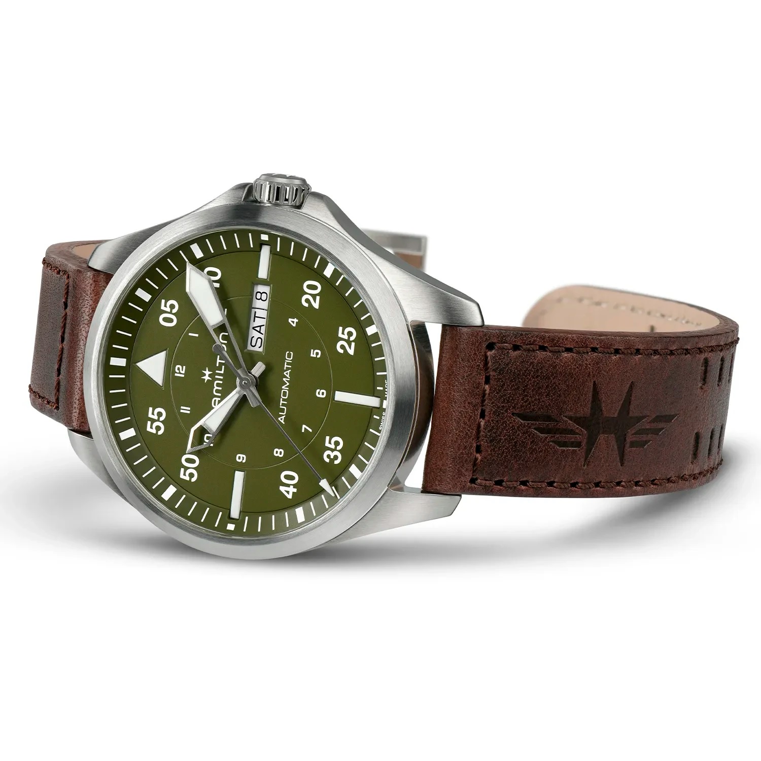 HAMILTON Khaki Aviation Pilot Day Date Auto Green Dial 42mm Silver Stainless Steel Brown Leather Strap H64635560 - 3