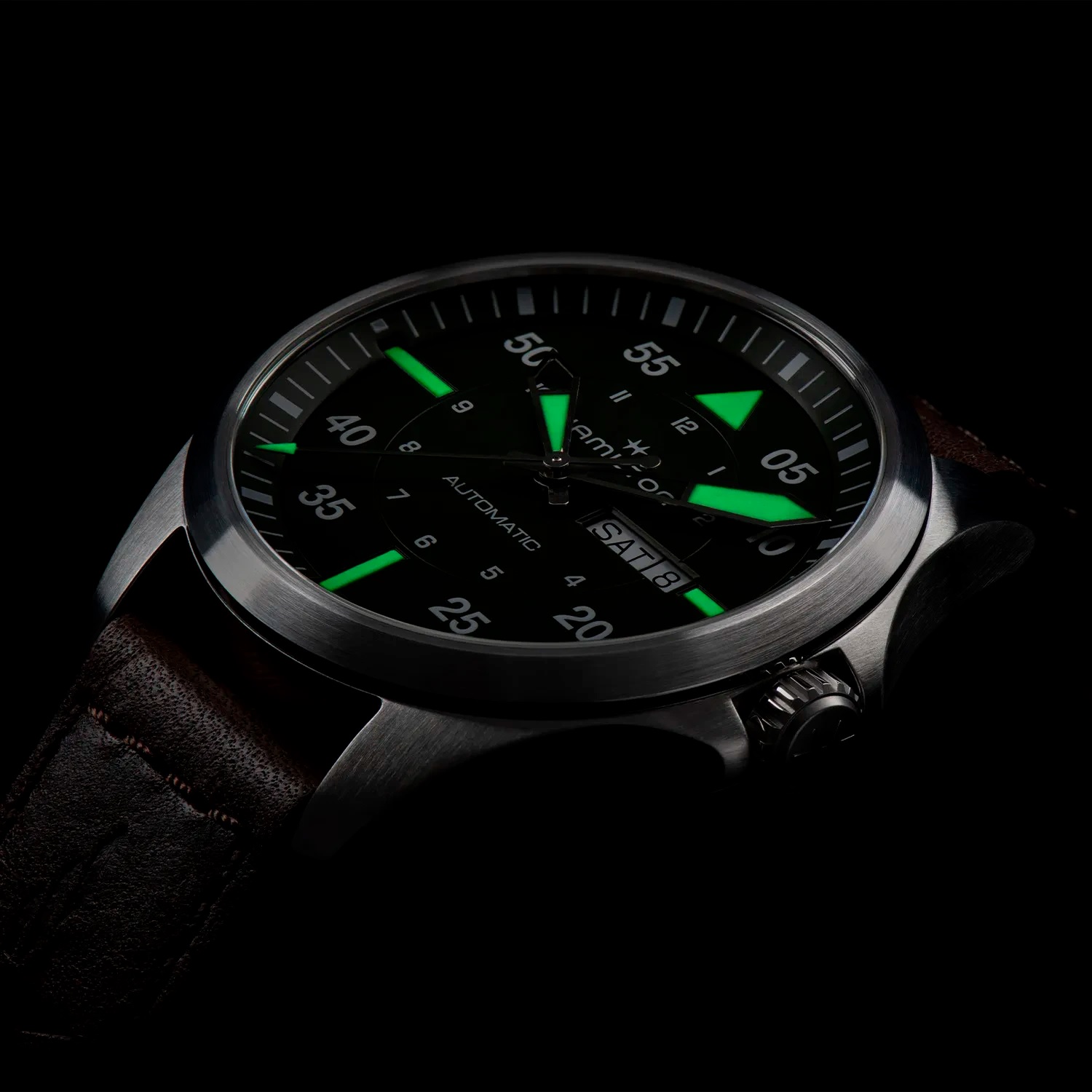 HAMILTON Khaki Aviation Pilot Day Date Auto Green Dial 42mm Silver Stainless Steel Brown Leather Strap H64635560 - 5