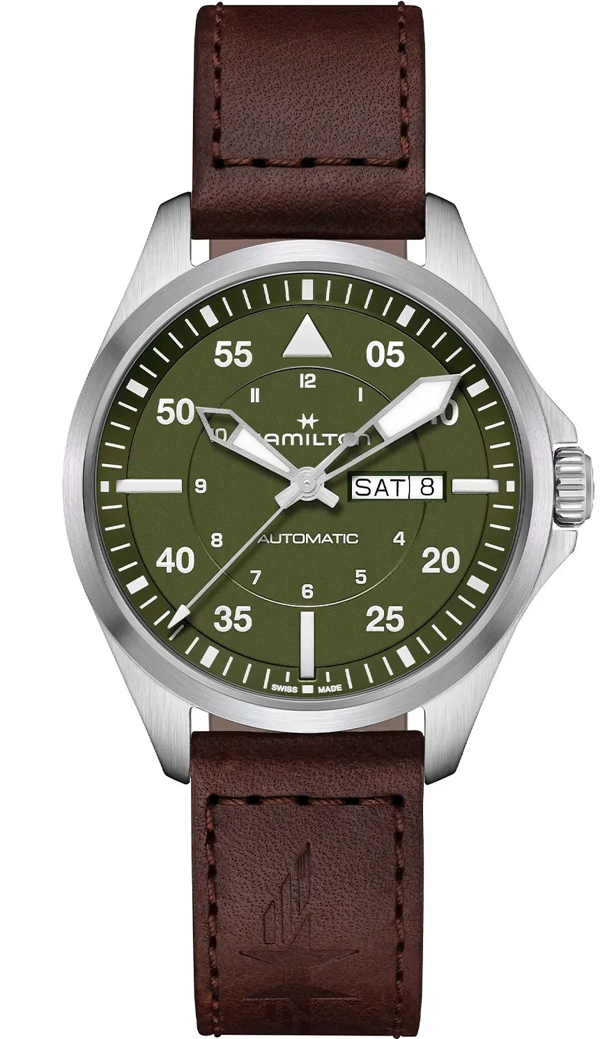 HAMILTON Khaki Aviation Pilot Day Date Auto Green Dial 42mm Silver Stainless Steel Brown Leather Strap H64635560 - 