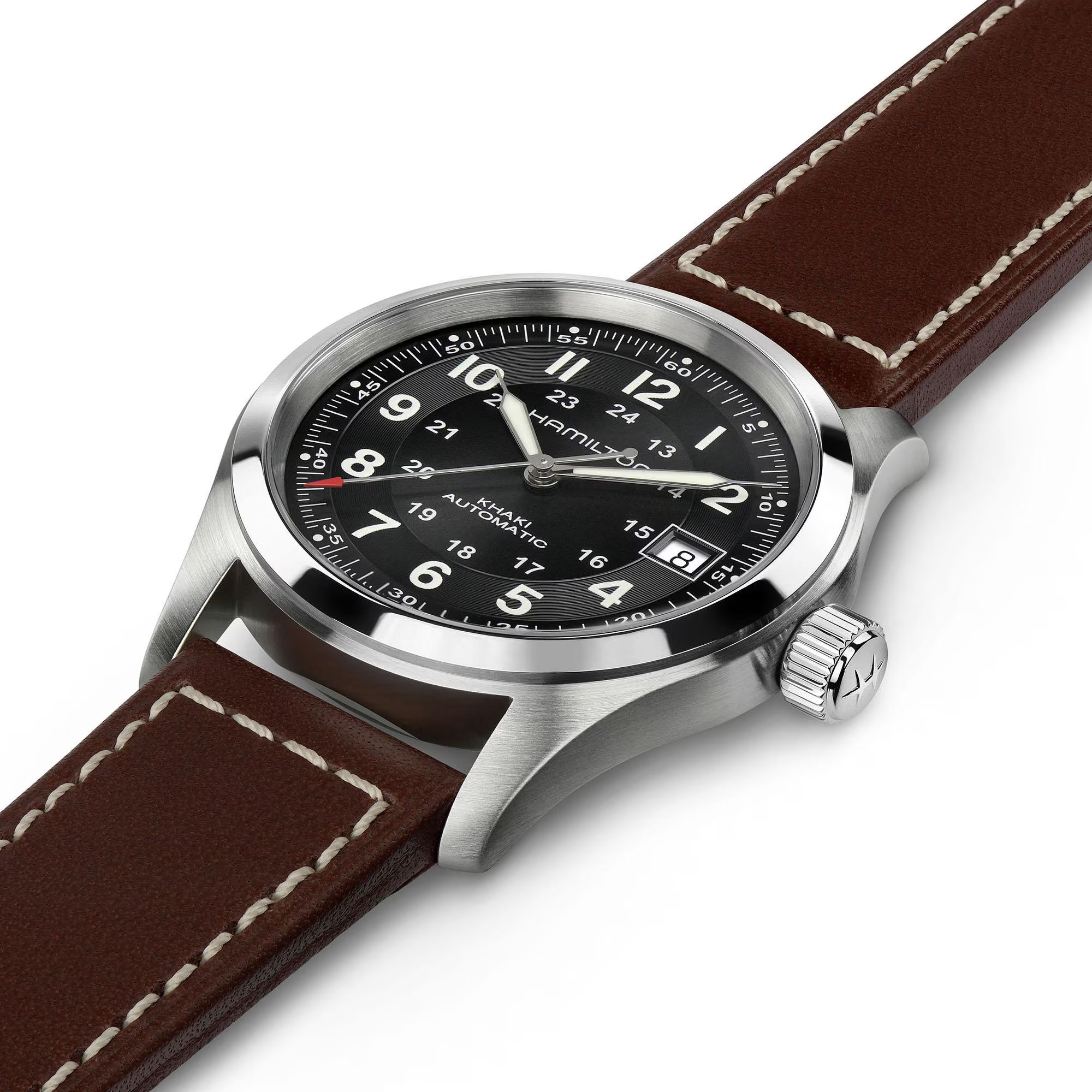 HAMILTON Khaki Field Automatic Black Dial 38mm Silver Stainless Steel Brown Leather Strap H70455533 - 