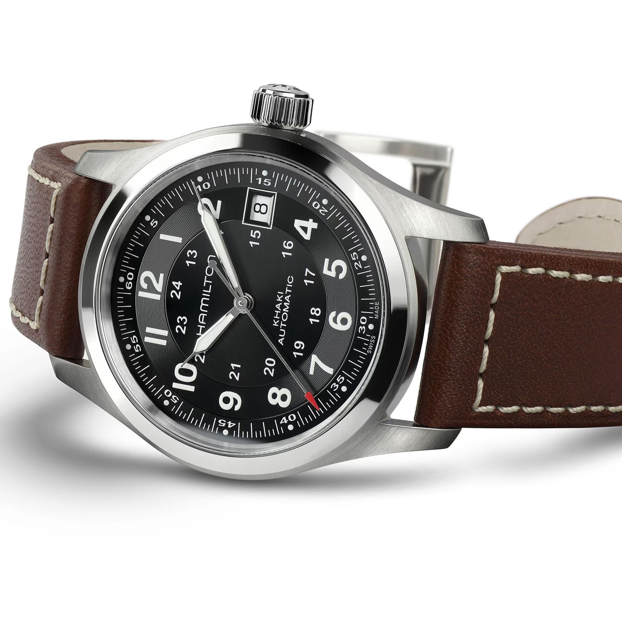 HAMILTON Khaki Field Automatic Black Dial 38mm Silver Stainless Steel Brown Leather Strap H70455533 - 3