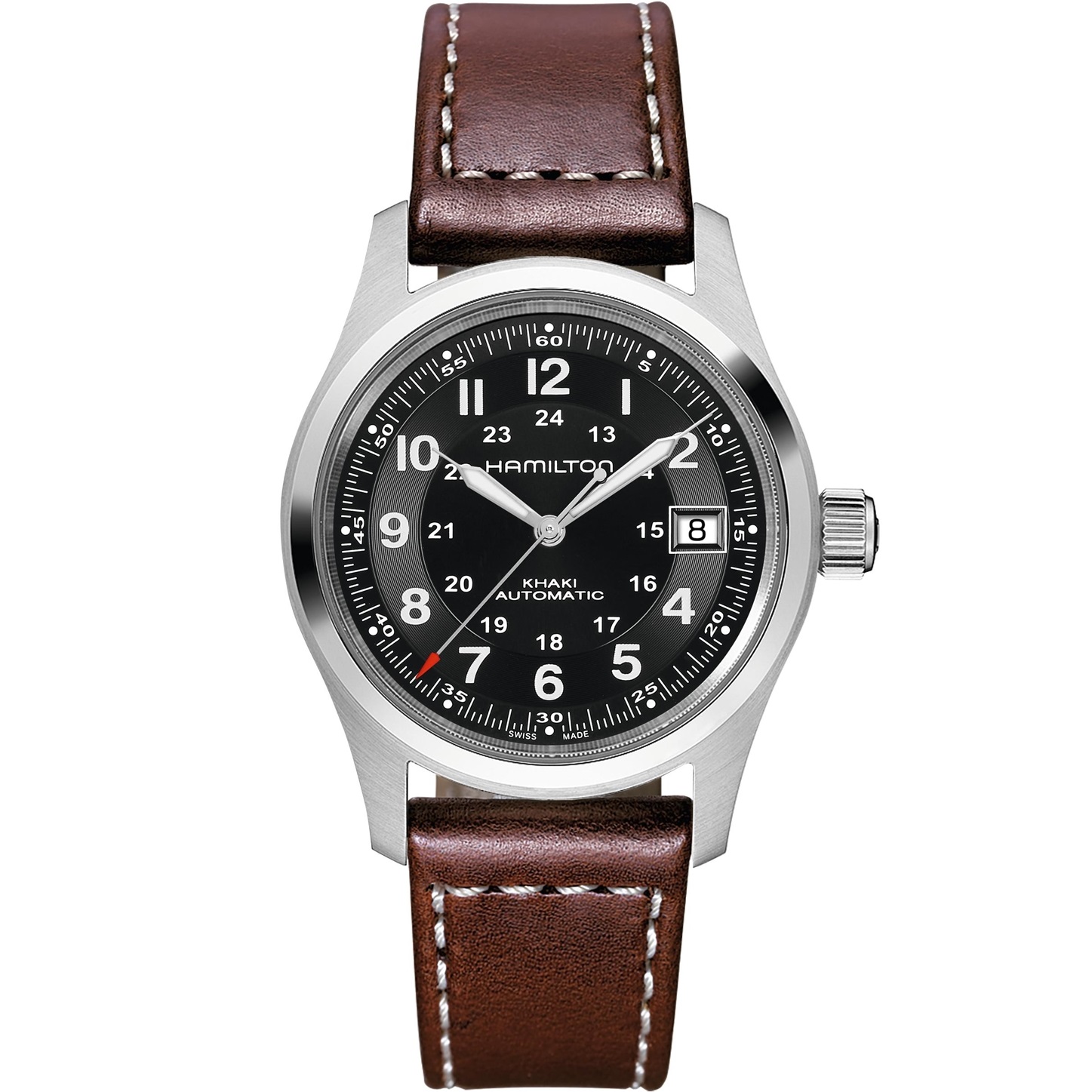 HAMILTON Khaki Field Automatic Black Dial 38mm Silver Stainless Steel Brown Leather Strap H70455533 - 