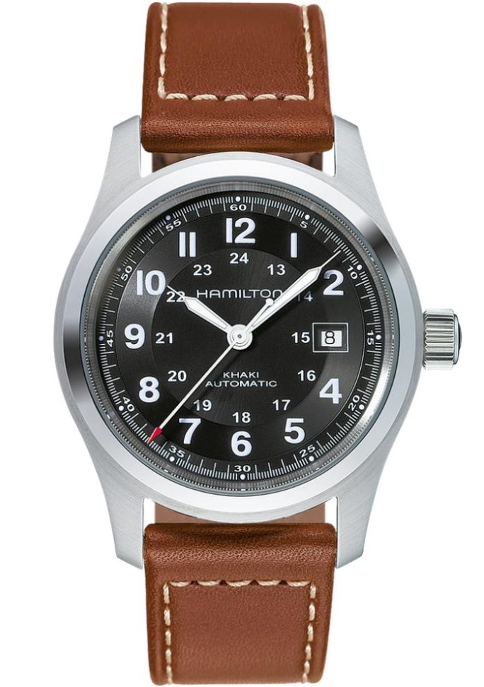 HAMILTON Khaki Field Auto Black Dial 42mm Silver Stainless Steel Brown Leather Strap H70555533 - 
