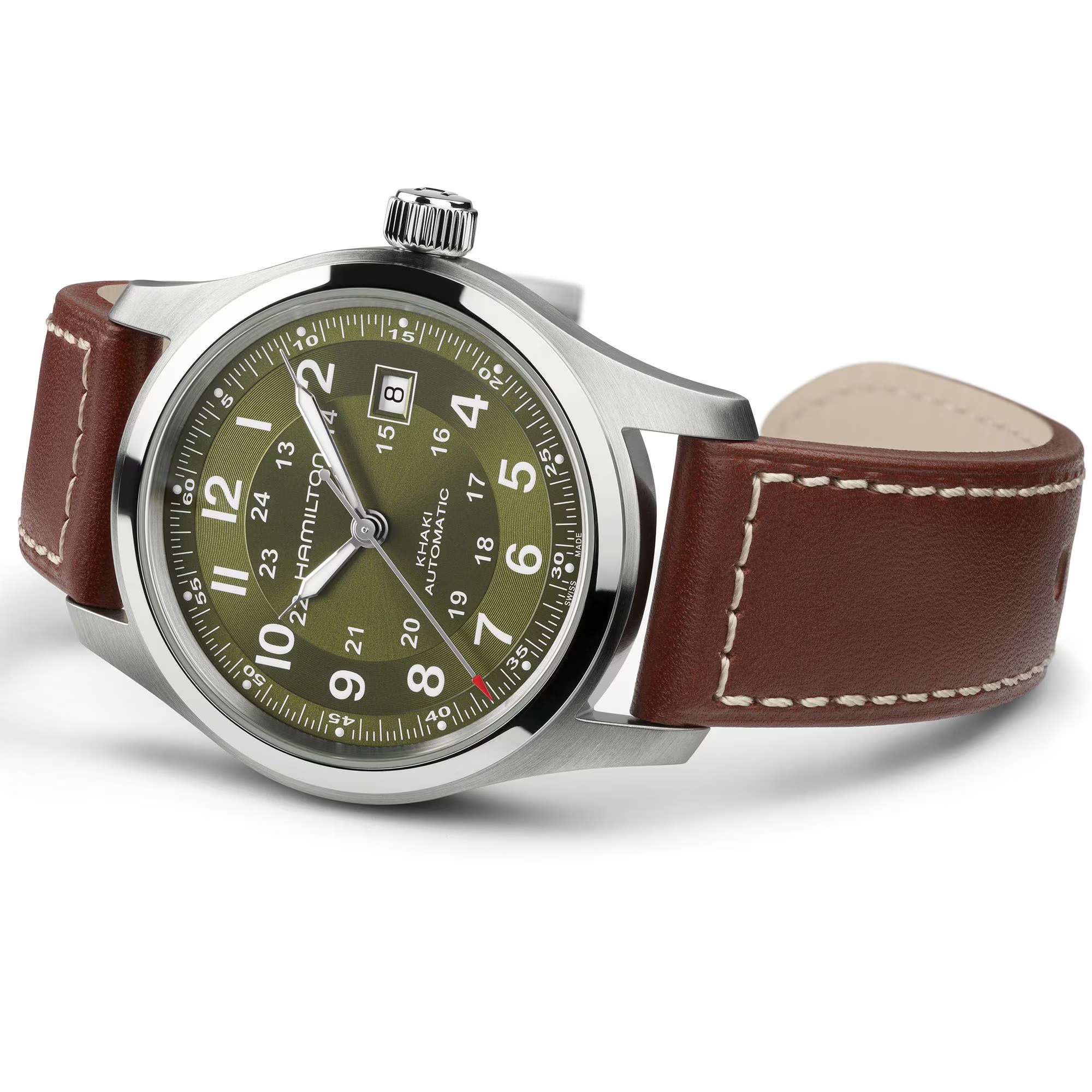 HAMILTON Khaki Field Automatic Green Dial 42mm Silver Stainless Steel Brown Leather Strap H70605560 - 