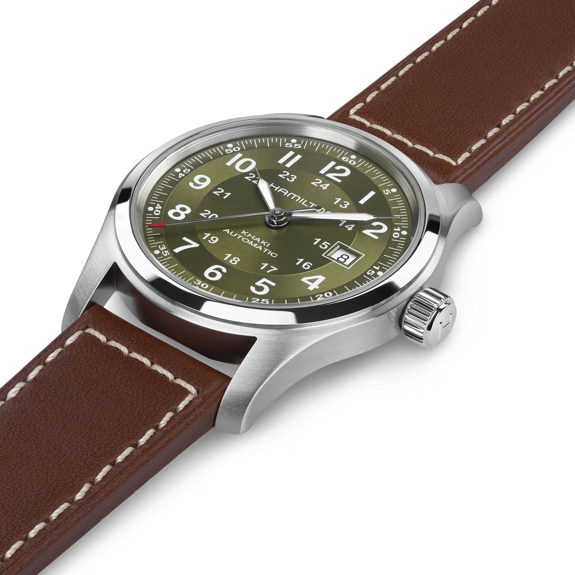 HAMILTON Khaki Field Automatic Green Dial 42mm Silver Stainless Steel Brown Leather Strap H70605560 - 5