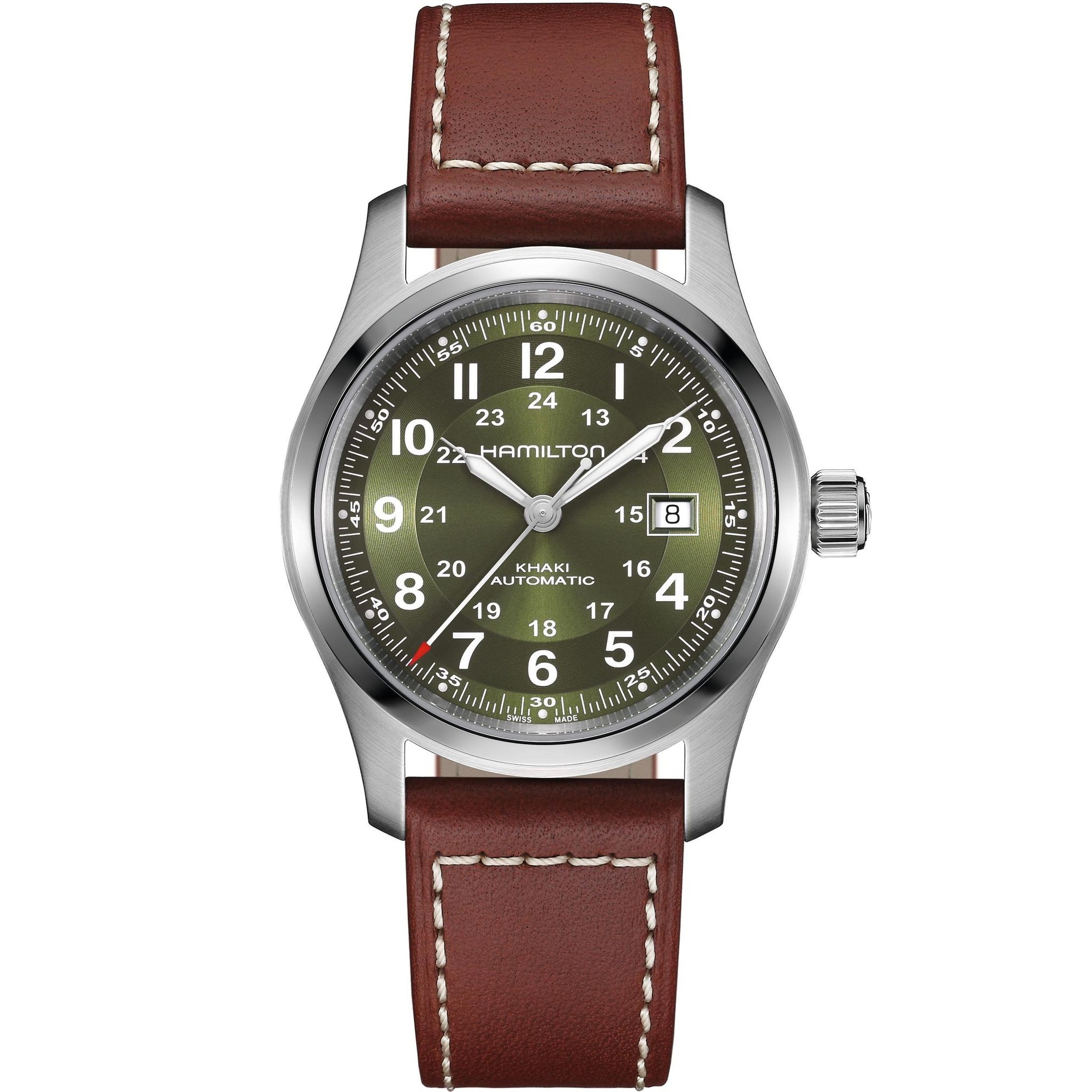 HAMILTON Khaki Field Automatic Green Dial 42mm Silver Stainless Steel Brown Leather Strap H70605560 - 