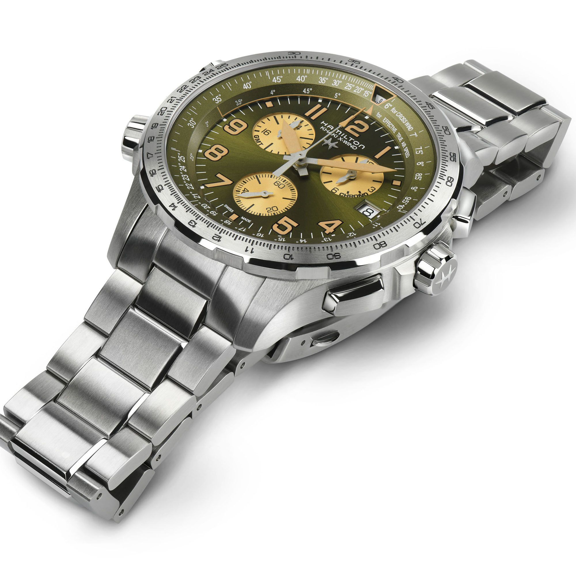 HAMILTON Khaki Aviation X-Wind GMT Chrono Quartz Green Dial 46mm Silver Stainless Steel Bracelet H77932160 - 2