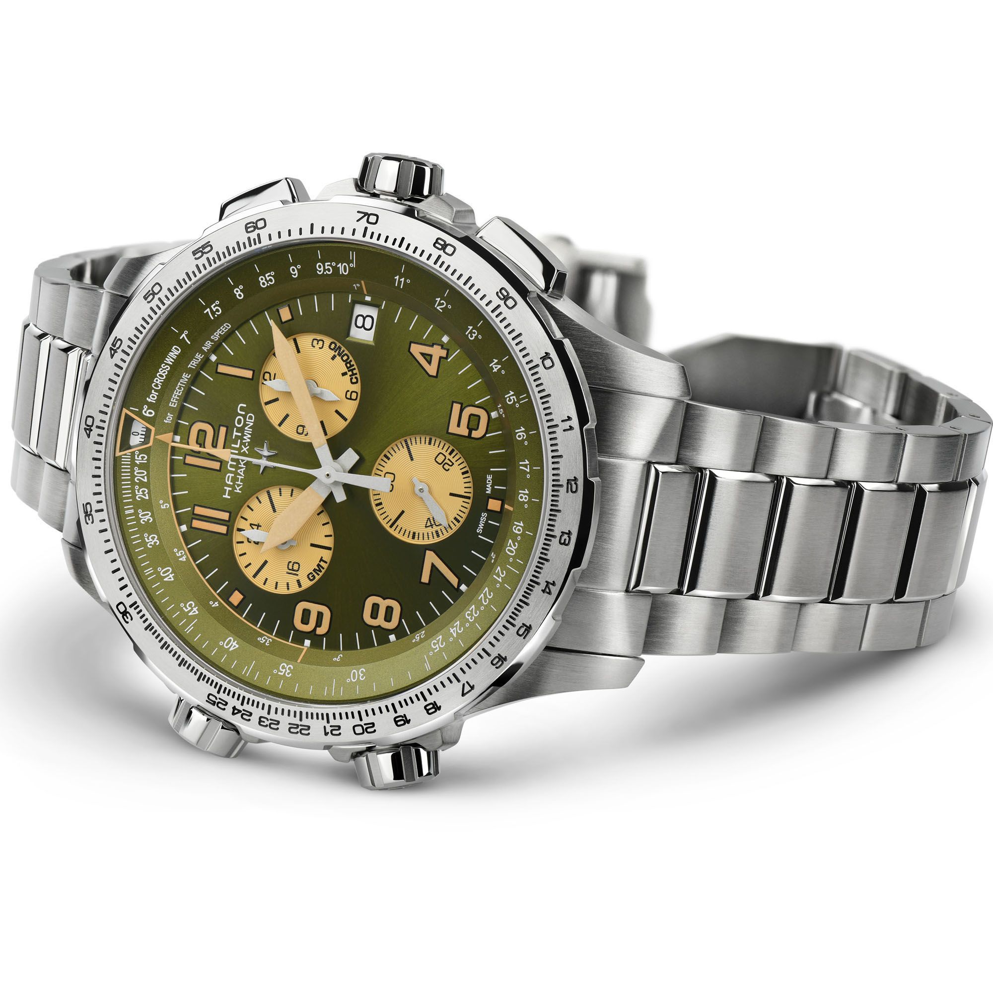 HAMILTON Khaki Aviation X-Wind GMT Chrono Quartz Green Dial 46mm Silver Stainless Steel Bracelet H77932160 - 3