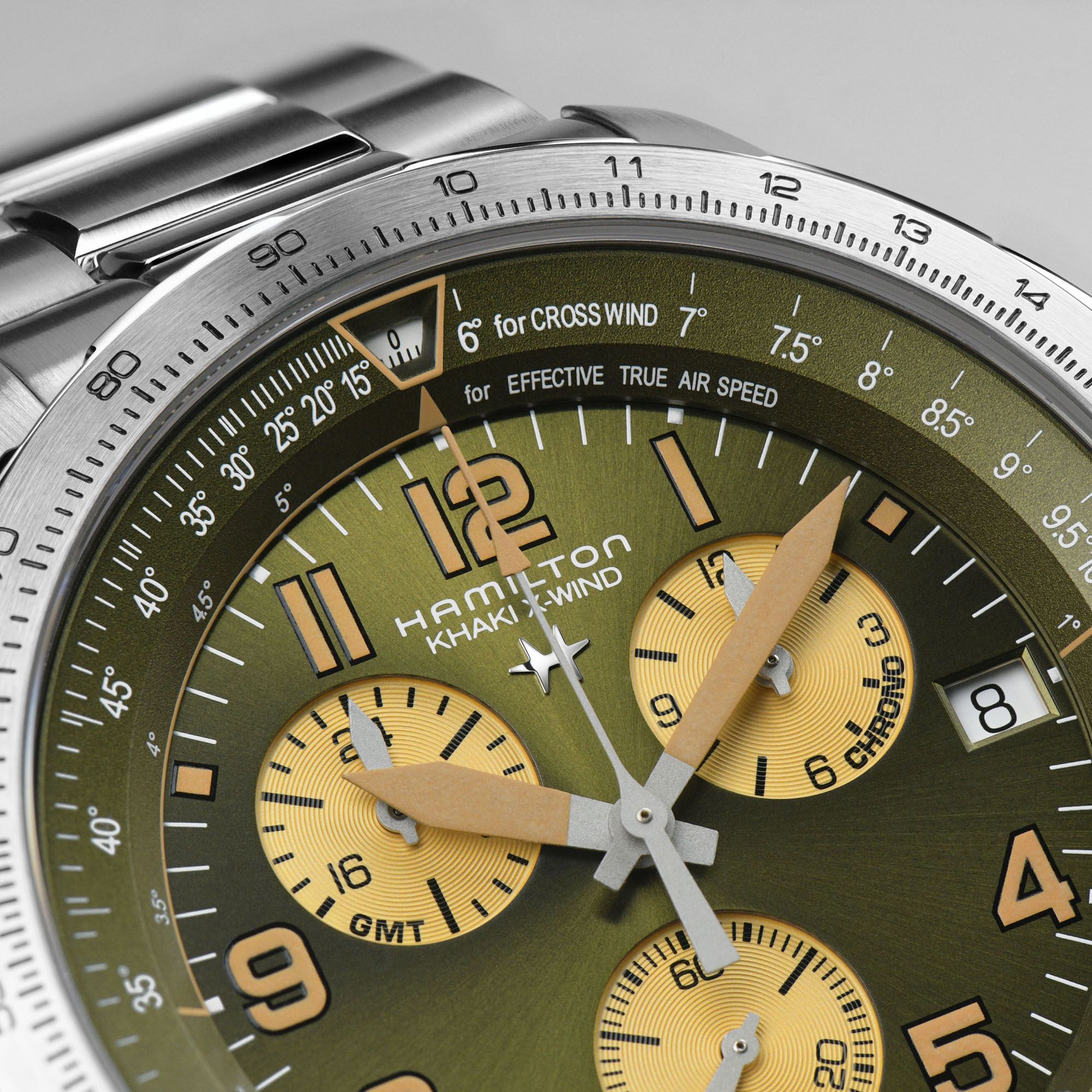HAMILTON Khaki Aviation X-Wind GMT Chrono Quartz Green Dial 46mm Silver Stainless Steel Bracelet H77932160 - 4