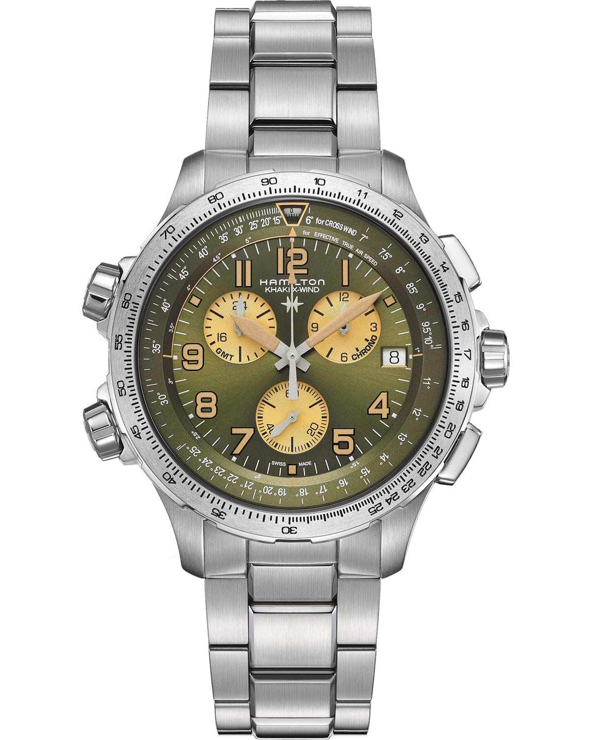 HAMILTON Khaki Aviation X-Wind GMT Chrono Quartz Green Dial 46mm Silver Stainless Steel Bracelet H77932160 - 1