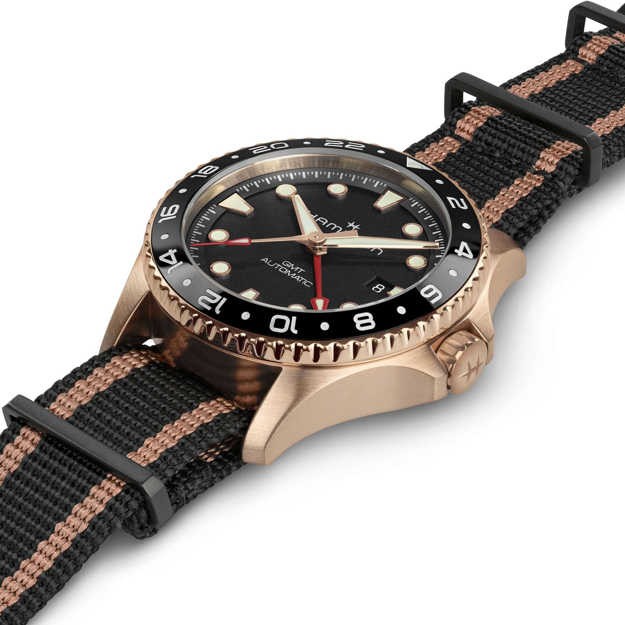 HAMILTON Khaki Navy Scuba Automatic GMT Black Dial 43mm Bronze and Titanium with Black Textile Strap H82565930 - 