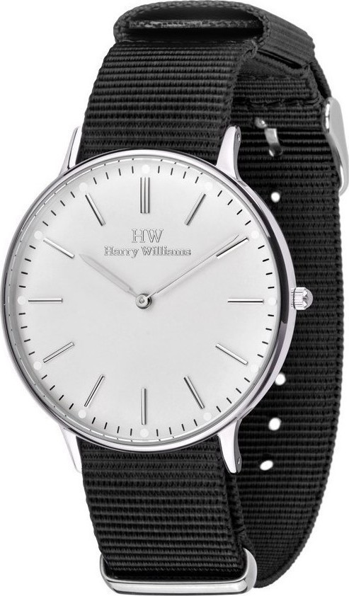 HARRY WILLIAMS This Time Tomorrow Three Hands 41mm Silver Stainless Steel Black Fabric Strap HW-2014M/06 - 