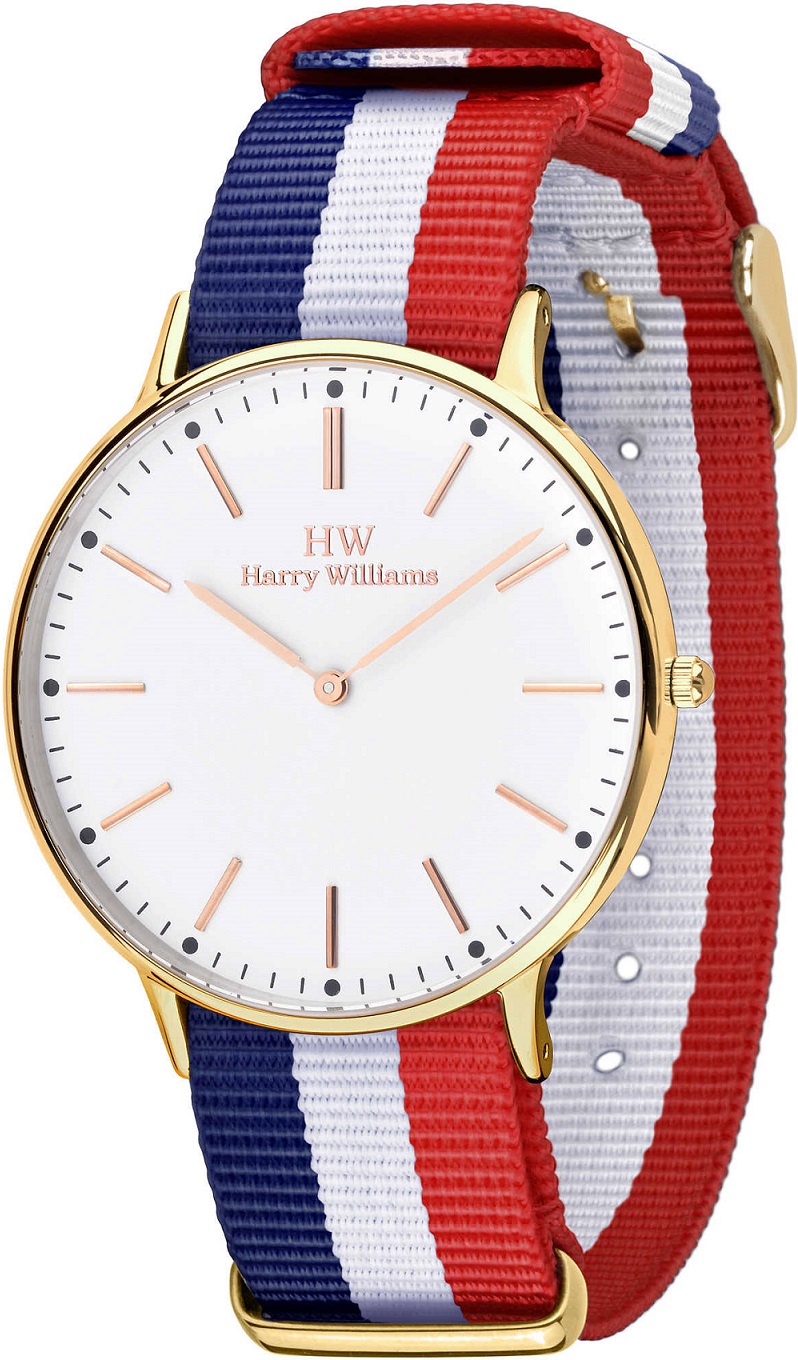HARRY WILLIAMS This Time Tomorrow Three Hands 41mm Gold Stainless Steel Tri-Colour Fabric Strap HW-2014M/19 - 