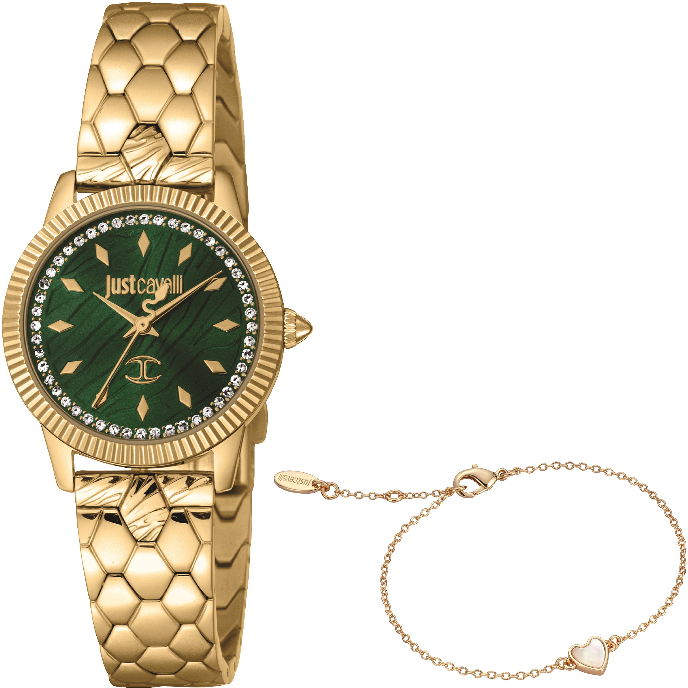 JUST CAVALLI Cuore Set Green Dial 28mm Gold Stainless Steel Bracelet Gift Set JC1L258M0065 - 