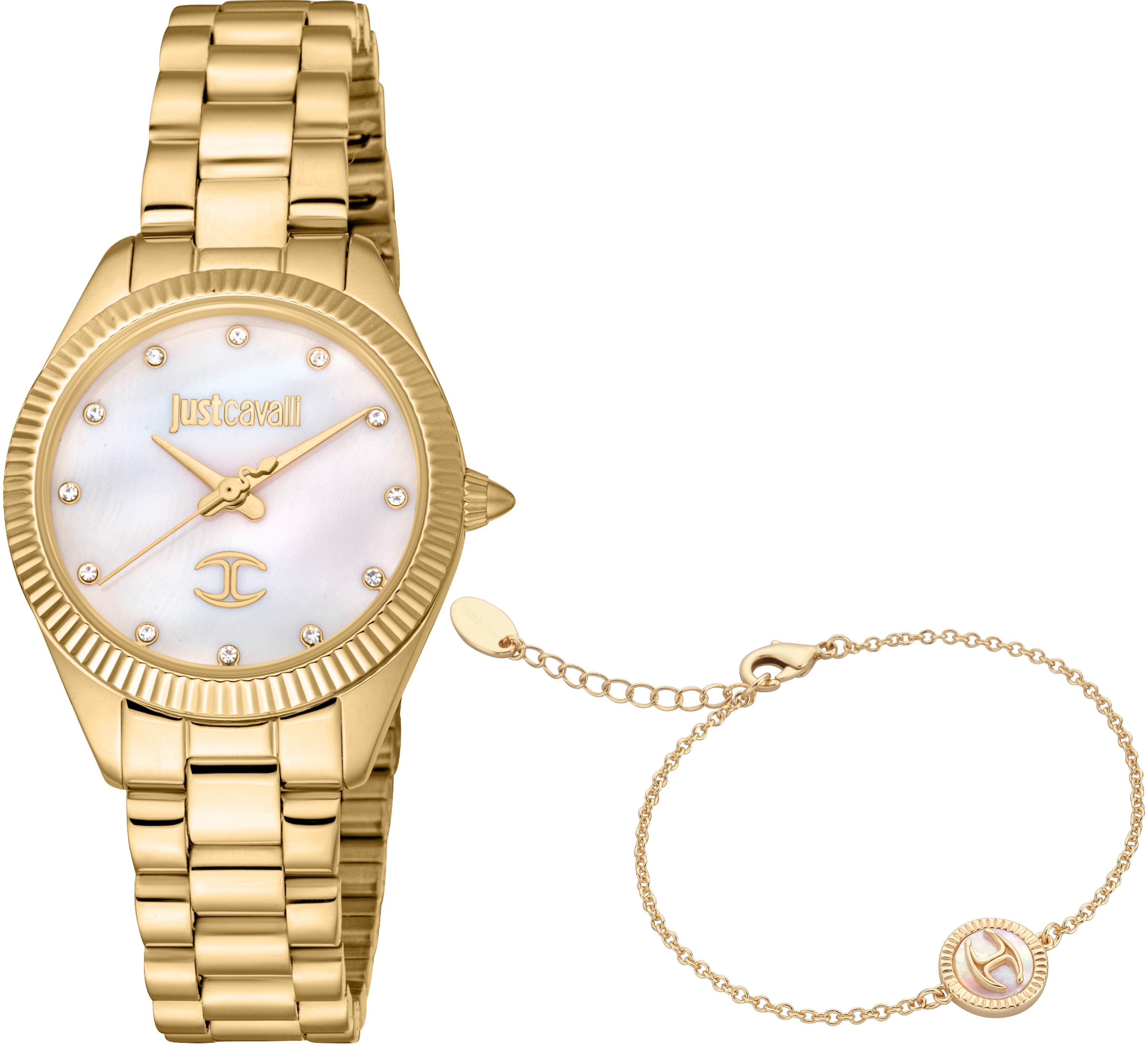 JUST CAVALLI Glam Crystals White Pearl Dial 30mm Gold Stainless Steel Bracelet Gift Set JC1L267M0055 - 1